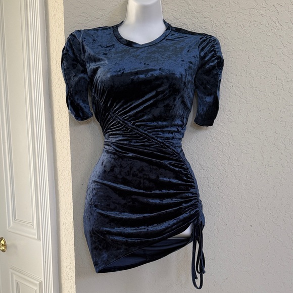 Divided Velvet Mini Dress in Deep Blue - Picture 1 of 4